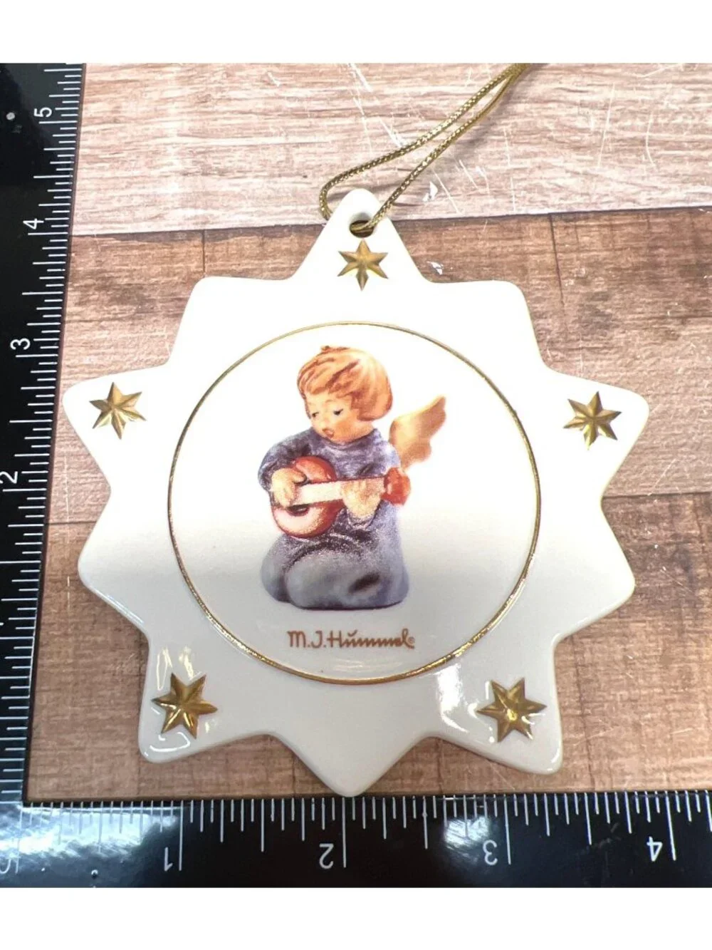 M.J. Hummel Porcelain Star Ornament With Angel Playing Mandolin & Gold Stars